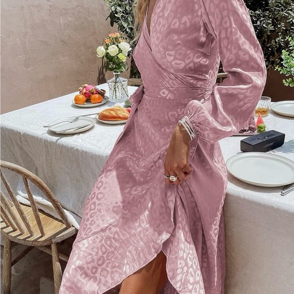 Simplee Mauve Pink Satin Wrap Midi Dress